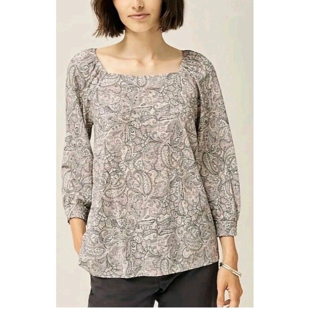 J. Jill Smocked Top Women's 2X Pink Gray Paisley Square Neck Ruffle Norm Blouse
